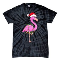 Merry Flocking Christmas Flamingo Pink Santa Hat Xmas Lights Tie-Dye T-Shirt