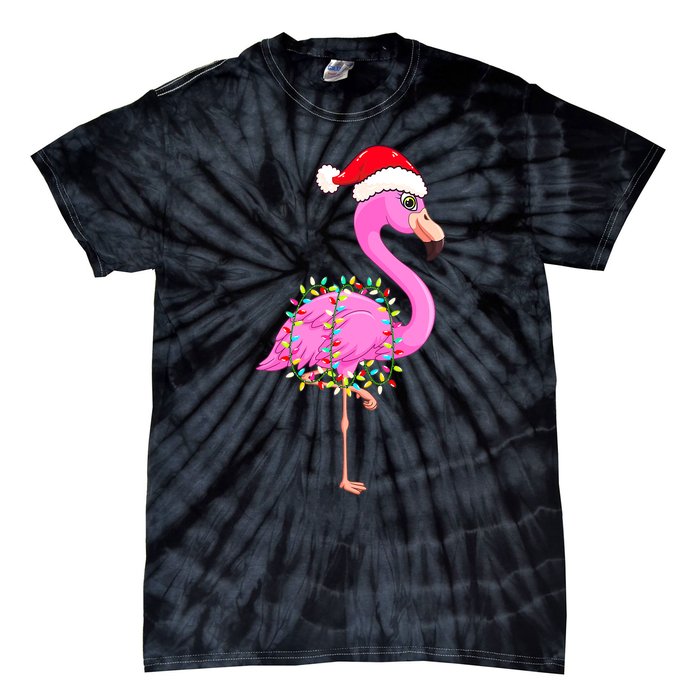 Merry Flocking Christmas Flamingo Pink Santa Hat Xmas Lights Tie-Dye T-Shirt