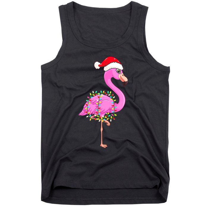 Merry Flocking Christmas Flamingo Pink Santa Hat Xmas Lights Tank Top