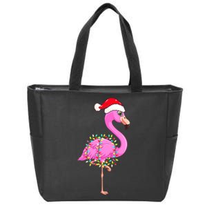 Merry Flocking Christmas Flamingo Pink Santa Hat Xmas Lights Zip Tote Bag