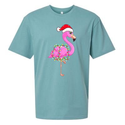 Merry Flocking Christmas Flamingo Pink Santa Hat Xmas Lights Sueded Cloud Jersey T-Shirt