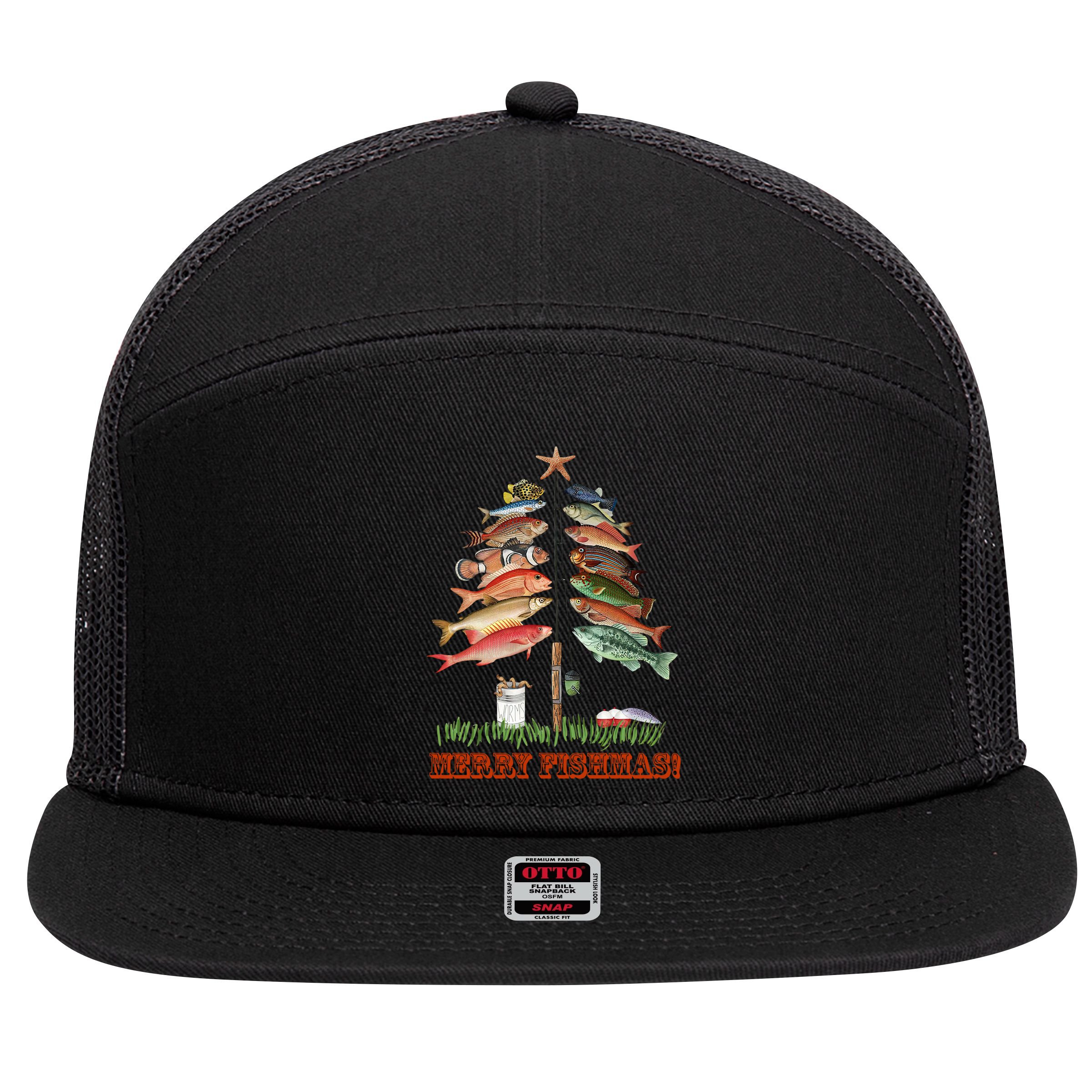 Merry Fishmas Christmas Fish Tree Gift 7 Panel Mesh Trucker Snapback Hat