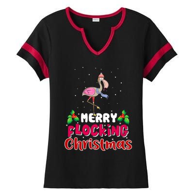 Merry Flocking Christmas Funny Gift Cute Flamingo Christmas Cool Gift Ladies Halftime Notch Neck Tee