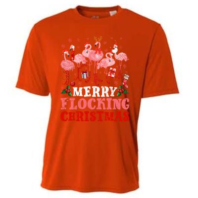 Merry Flocking Christmas Flamingo Pink In Santa Hat Holiday Gift Cooling Performance Crew T-Shirt