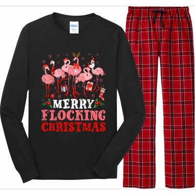 Merry Flocking Christmas Flamingo Pink In Santa Hat Holiday Gift Long Sleeve Pajama Set