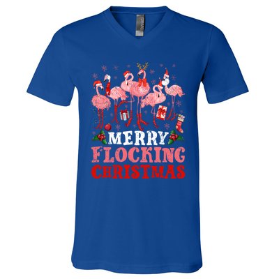 Merry Flocking Christmas Flamingo Pink In Santa Hat Holiday Gift V-Neck T-Shirt