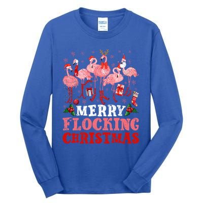 Merry Flocking Christmas Flamingo Pink In Santa Hat Holiday Gift Tall Long Sleeve T-Shirt