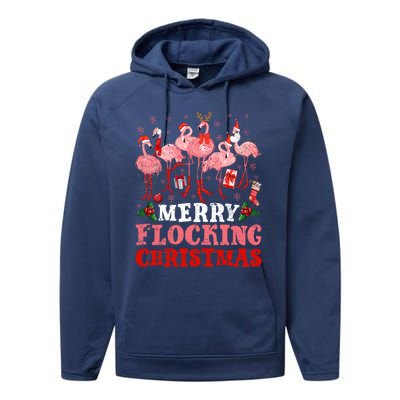 Merry Flocking Christmas Flamingo Pink In Santa Hat Holiday Gift Performance Fleece Hoodie