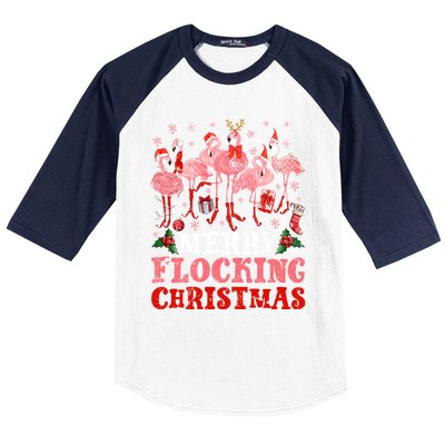 Merry Flocking Christmas Flamingo Pink In Santa Hat Holiday Gift Baseball Sleeve Shirt