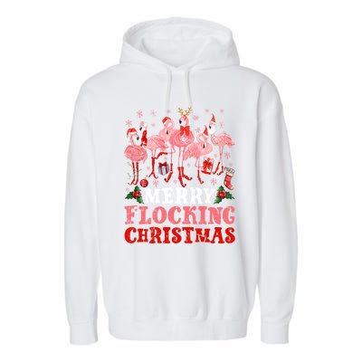 Merry Flocking Christmas Flamingo Pink In Santa Hat Holiday Gift Garment-Dyed Fleece Hoodie