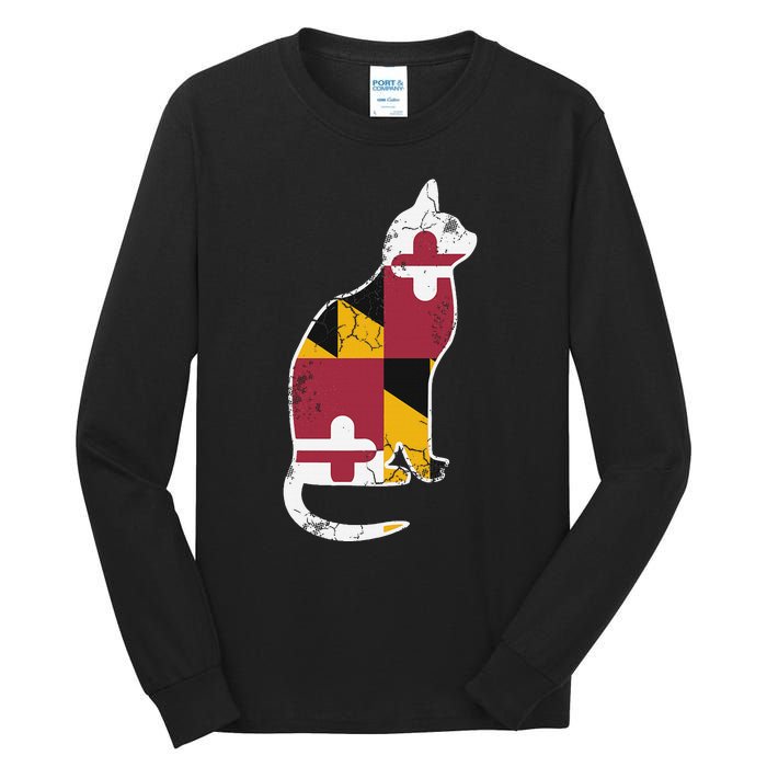 Maryland Flag Calico Cat Vintage Distressed Fade Tall Long Sleeve T-Shirt