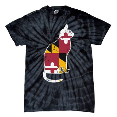 Maryland Flag Calico Cat Vintage Distressed Fade Tie-Dye T-Shirt