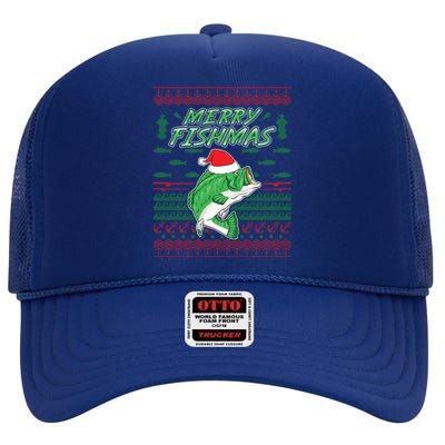 Merry Fishmas Christmas Fishing Gift High Crown Mesh Back Trucker Hat