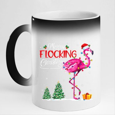 Merry Flocking Christmas Flamingo Pink In Santa Hat Xmas Cute Gift 11oz Black Color Changing Mug