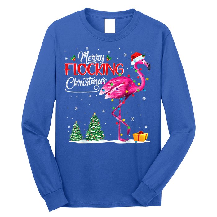 Merry Flocking Christmas Flamingo Pink In Santa Hat Xmas Cute Gift Long Sleeve Shirt