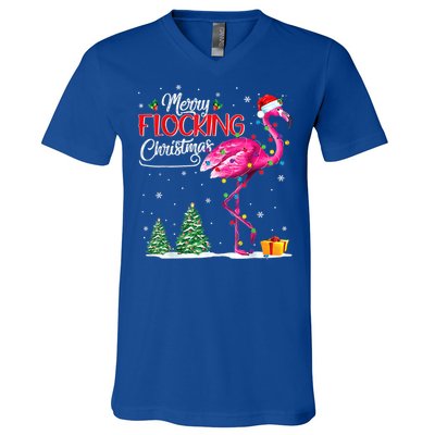 Merry Flocking Christmas Flamingo Pink In Santa Hat Xmas Cute Gift V-Neck T-Shirt