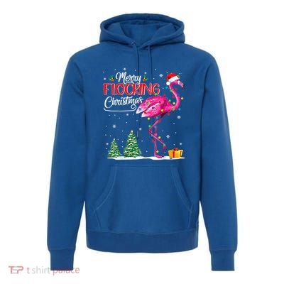 Merry Flocking Christmas Flamingo Pink In Santa Hat Xmas Cute Gift Premium Hoodie