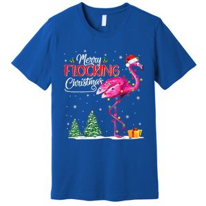 Merry Flocking Christmas Flamingo Pink In Santa Hat Xmas Cute Gift Premium T-Shirt