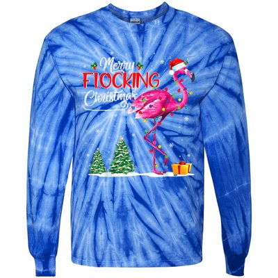 Merry Flocking Christmas Flamingo Pink In Santa Hat Xmas Cute Gift Tie-Dye Long Sleeve Shirt