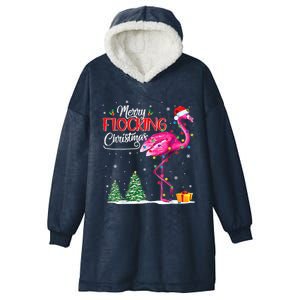 Merry Flocking Christmas Flamingo Pink In Santa Hat Xmas Cute Gift Hooded Wearable Blanket