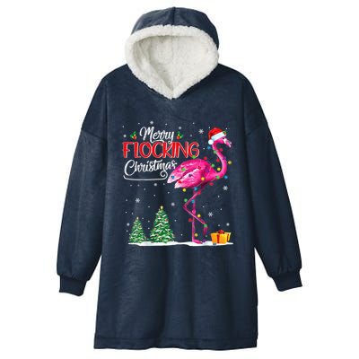 Merry Flocking Christmas Flamingo Pink In Santa Hat Xmas Cute Gift Hooded Wearable Blanket