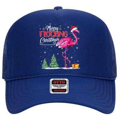 Merry Flocking Christmas Flamingo Pink In Santa Hat Xmas Cute Gift High Crown Mesh Back Trucker Hat