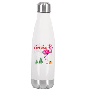 Merry Flocking Christmas Flamingo Pink In Santa Hat Xmas Cute Gift Stainless Steel Insulated Water Bottle