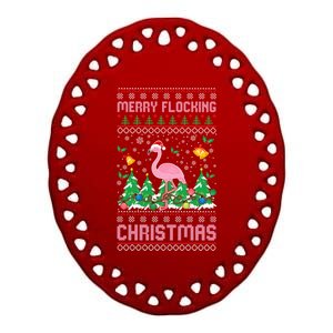 Merry Flocking Christmas Pajama Funny Flamingo Ugly Xmas Gift Ceramic Oval Ornament