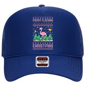 Merry Flocking Christmas Pajama Funny Flamingo Ugly Xmas Gift High Crown Mesh Back Trucker Hat