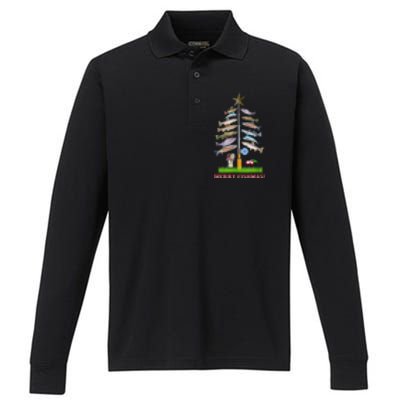 Merry Fishmas Christmas Tree Funny Gift Cute Gift Performance Long Sleeve Polo