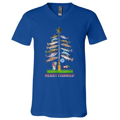 Merry Fishmas Christmas Tree Funny Gift Cute Gift V-Neck T-Shirt