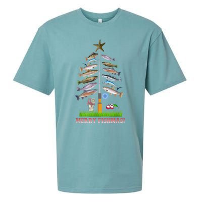 Merry Fishmas Christmas Tree Funny Gift Cute Gift Sueded Cloud Jersey T-Shirt