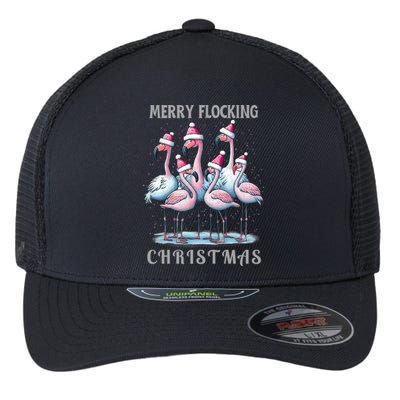 Merry Flocking Christmas Pink Flamingoes With Santa Hat Meaningful Gift Flexfit Unipanel Trucker Cap