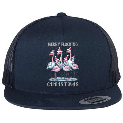 Merry Flocking Christmas Pink Flamingoes With Santa Hat Meaningful Gift Flat Bill Trucker Hat