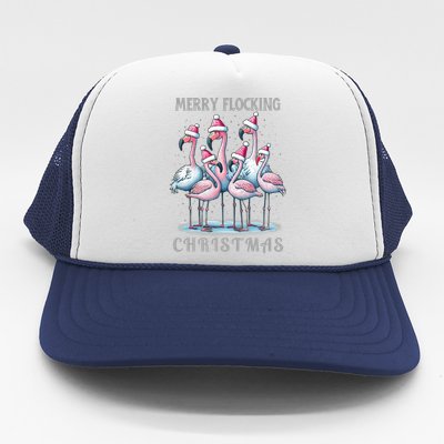 Merry Flocking Christmas Pink Flamingoes With Santa Hat Meaningful Gift Trucker Hat