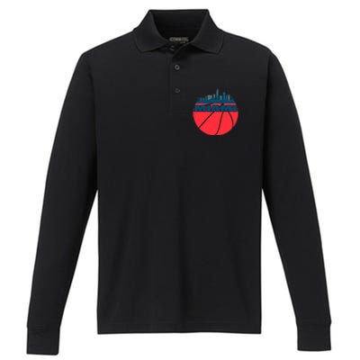 Miami Florida Cityscape Retro Basketball For Fans Performance Long Sleeve Polo