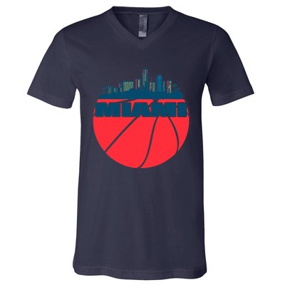 Miami Florida Cityscape Retro Basketball For Fans V-Neck T-Shirt