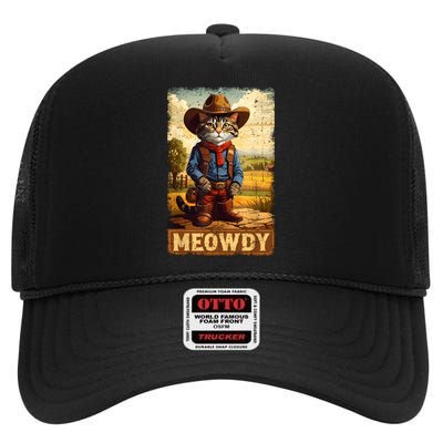 Meowdy Funny Country Side Cat Hat Vintage Cowboy Cat High Crown Mesh Back Trucker Hat