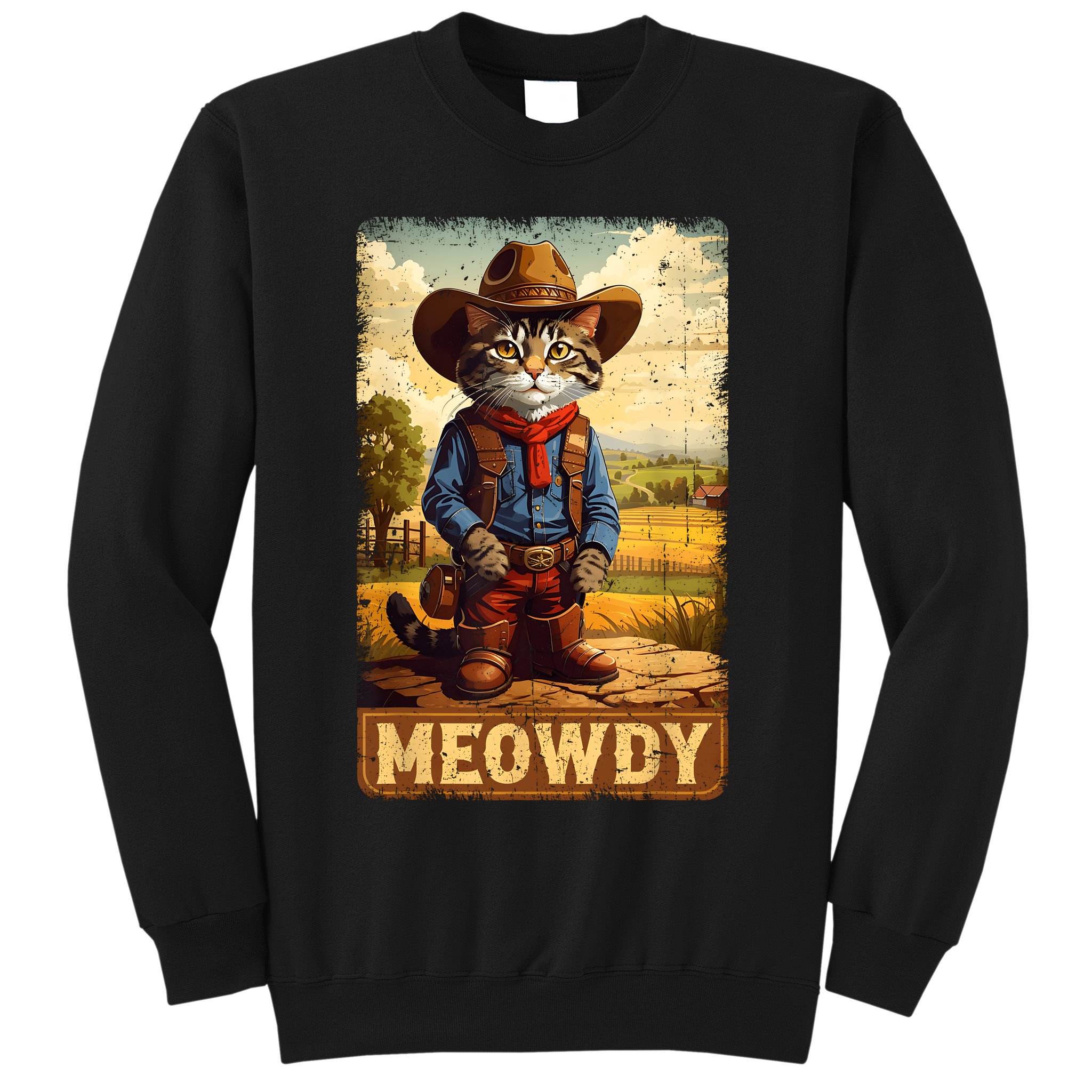 Meowdy Funny Country Side Cat Hat Vintage Cowboy Cat Sweatshirt