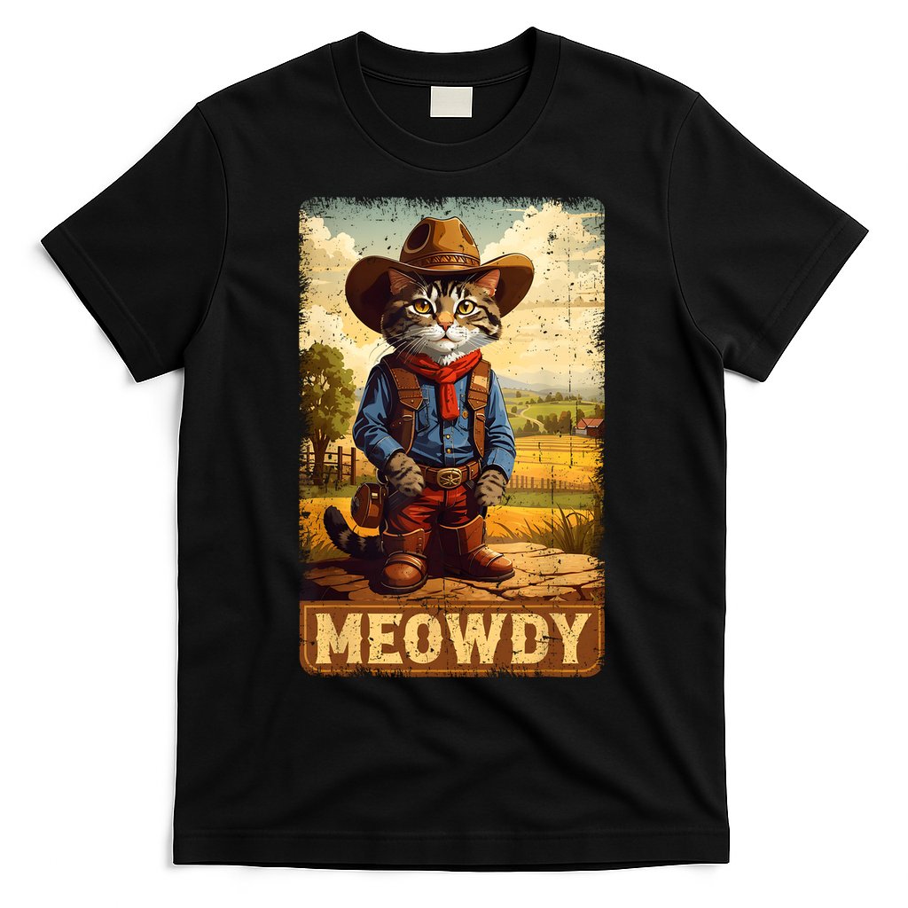 Meowdy Funny Country Side Cat Hat Vintage Cowboy Cat T-Shirt
