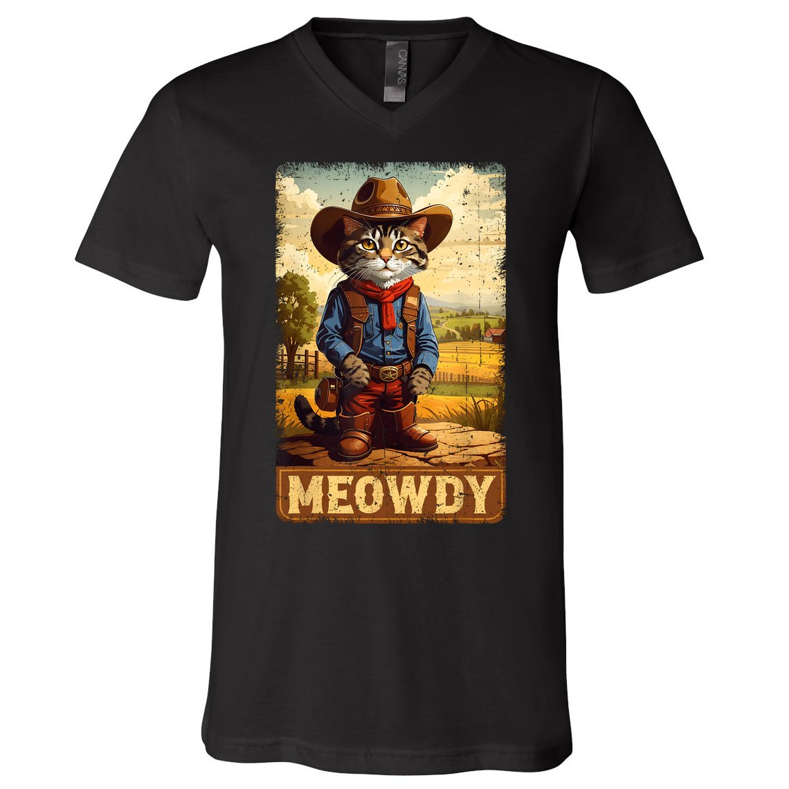 Meowdy Funny Country Side Cat Hat Vintage Cowboy Cat V-Neck T-Shirt