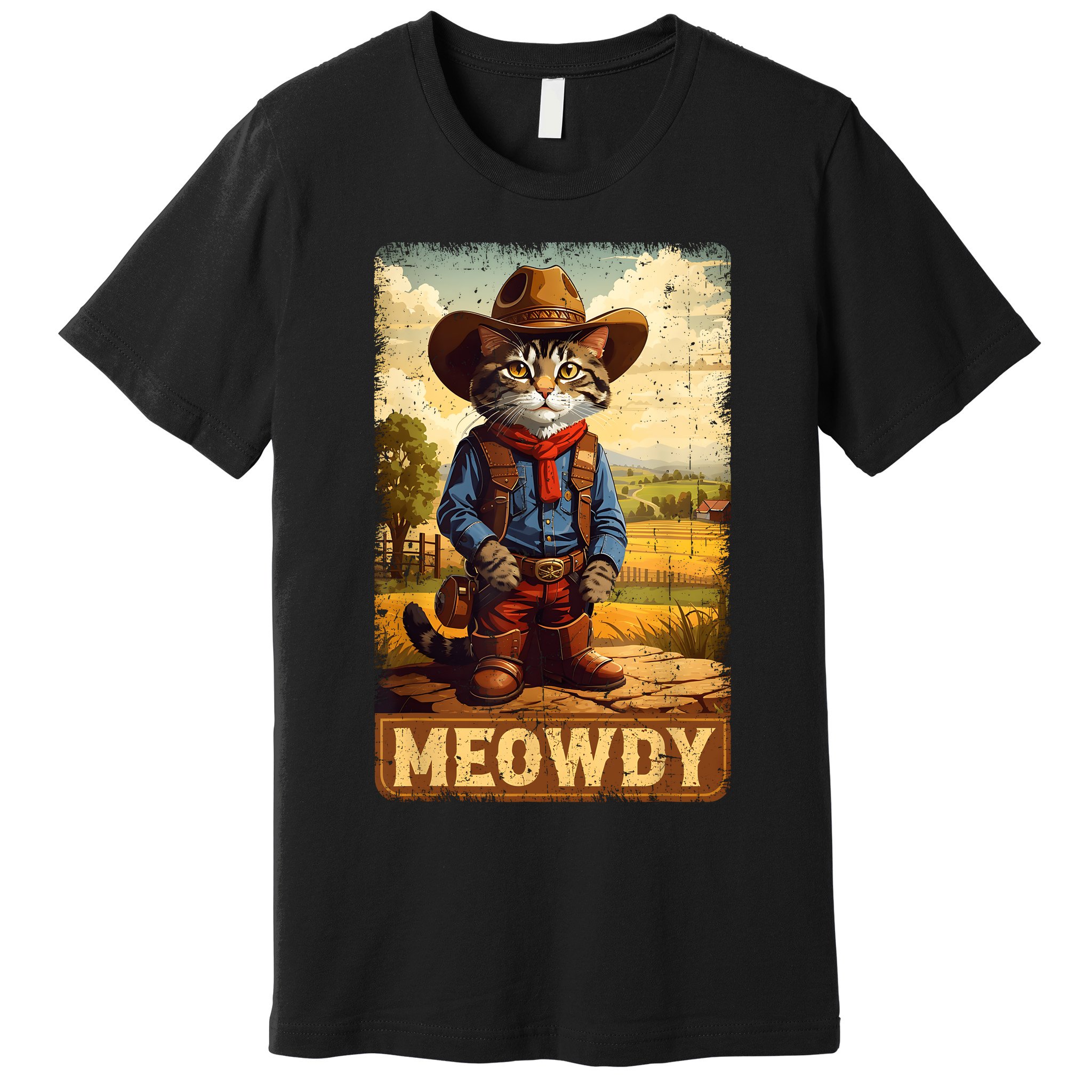 Meowdy Funny Country Side Cat Hat Vintage Cowboy Cat Premium T-Shirt