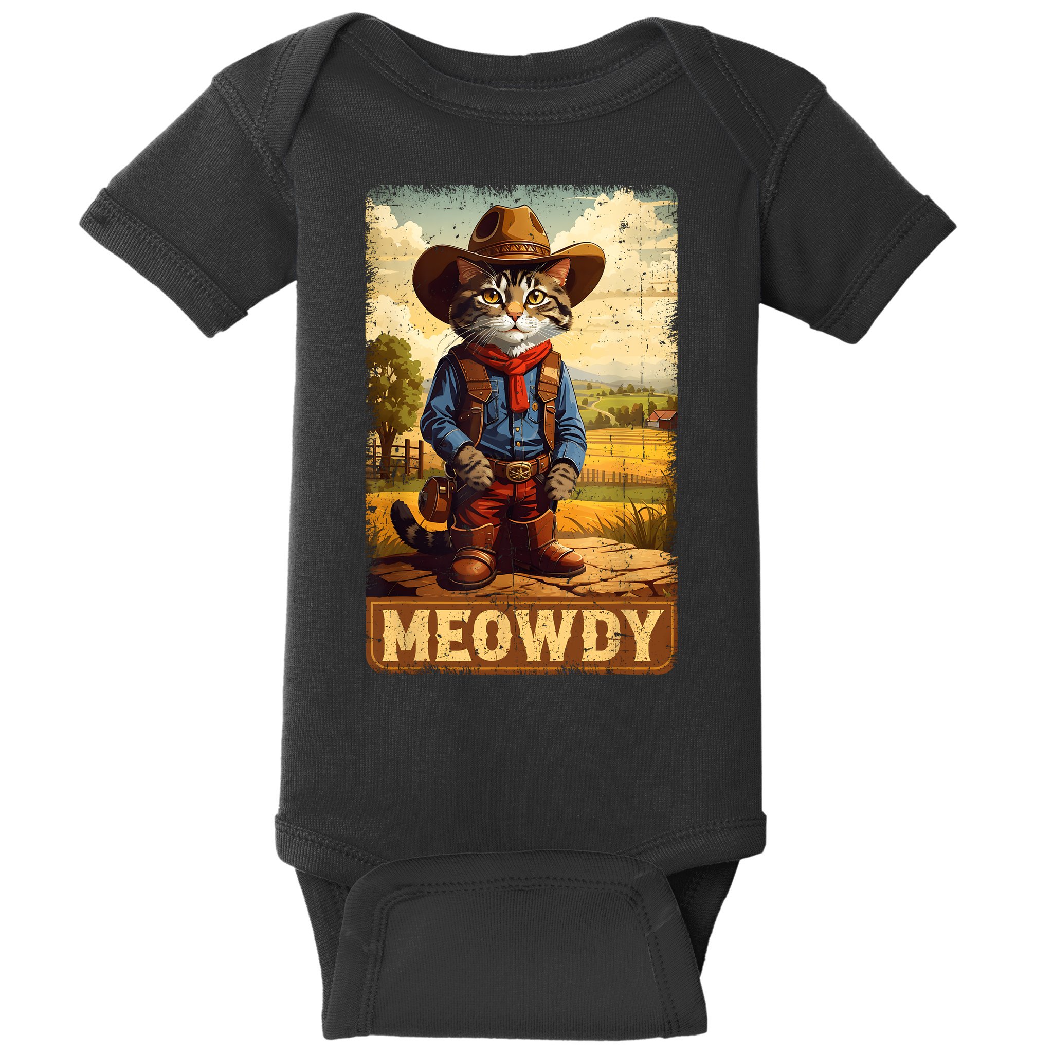 Meowdy Funny Country Side Cat Hat Vintage Cowboy Cat Baby Bodysuit
