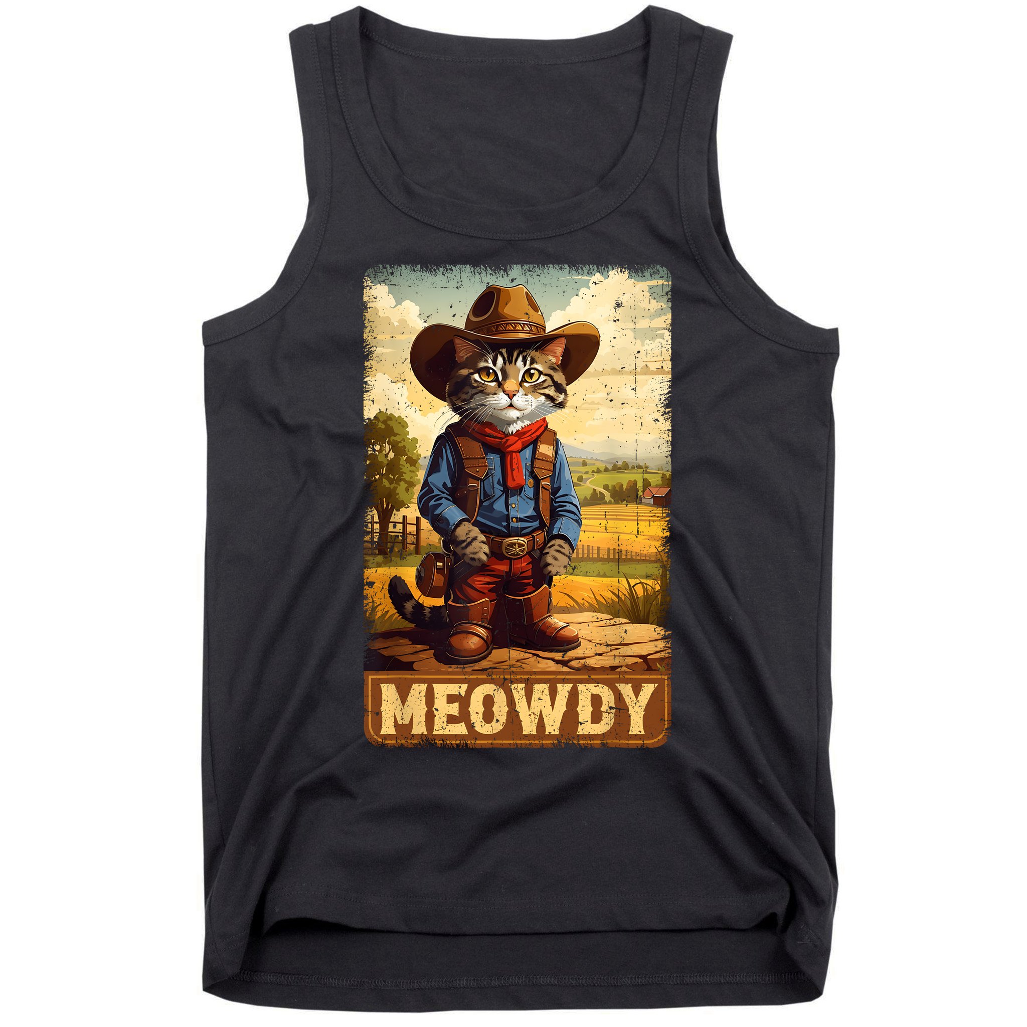 Meowdy Funny Country Side Cat Hat Vintage Cowboy Cat Tank Top