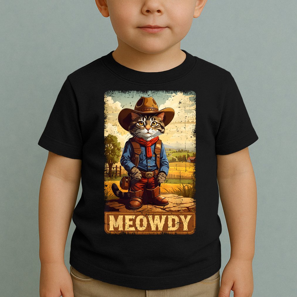 Meowdy Funny Country Side Cat Hat Vintage Cowboy Cat Toddler T-Shirt