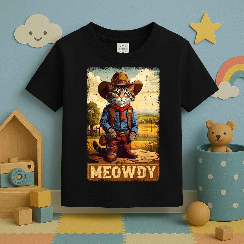 Meowdy Funny Country Side Cat Hat Vintage Cowboy Cat Toddler T-Shirt