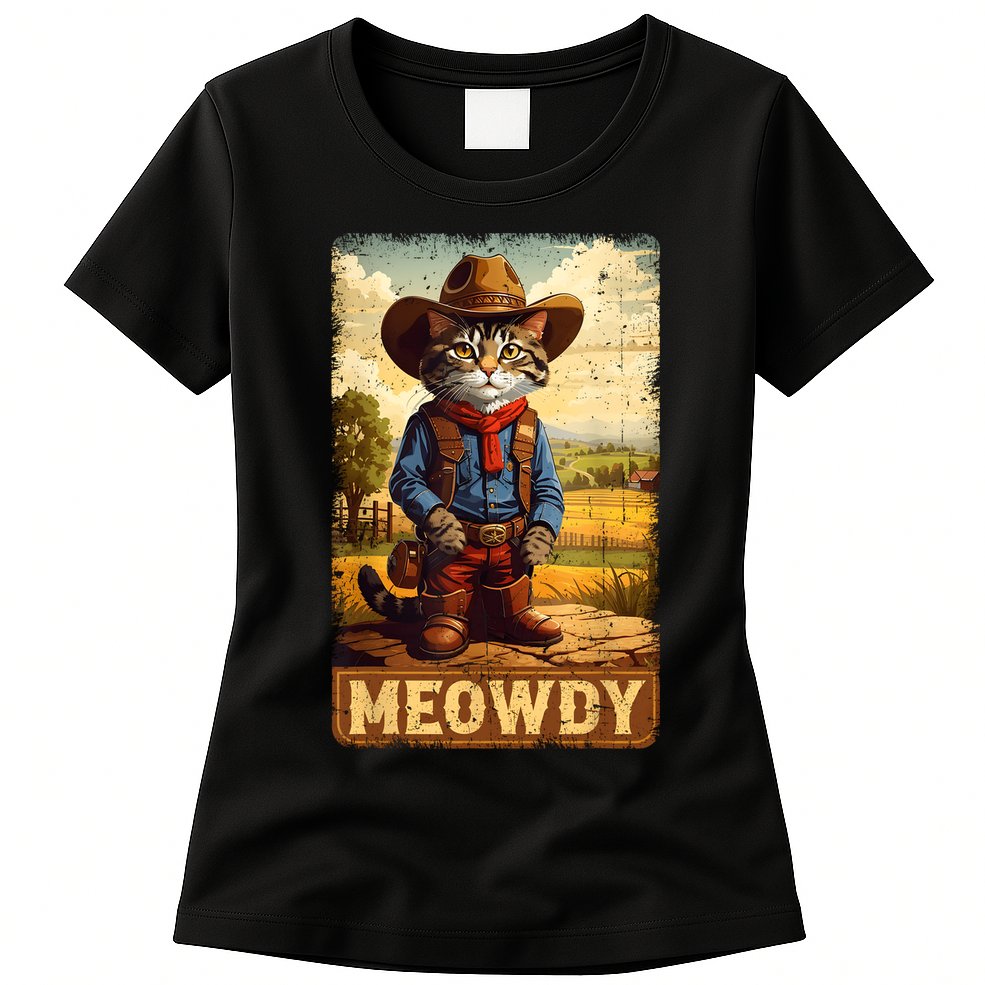 Meowdy Funny Country Side Cat Hat Vintage Cowboy Cat Womens T-Shirt