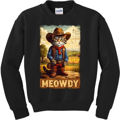 Meowdy Funny Country Side Cat Hat Vintage Cowboy Cat Kids Sweatshirt