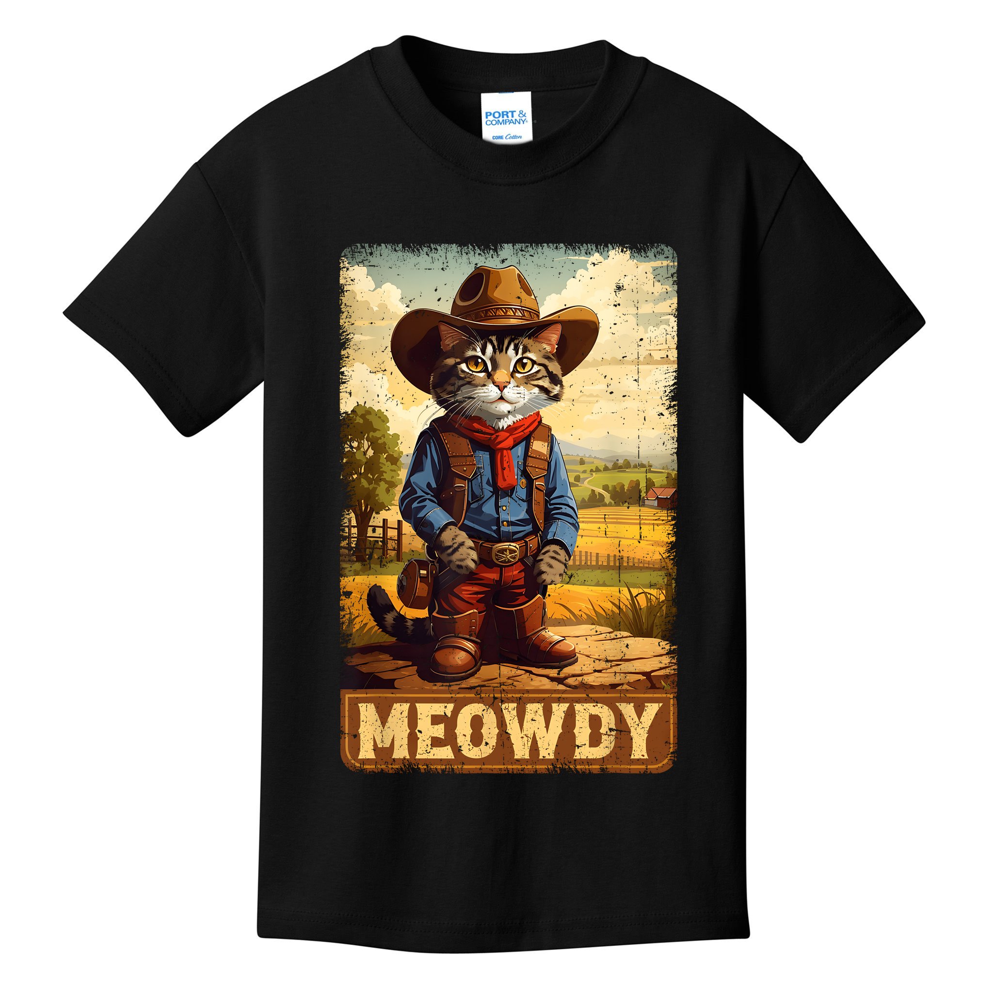 Meowdy Funny Country Side Cat Hat Vintage Cowboy Cat Kids T-Shirt