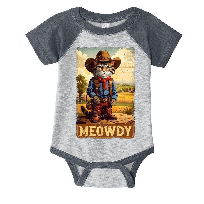 Meowdy Funny Country Side Cat Hat Vintage Cowboy Cat Infant Baby Jersey Bodysuit